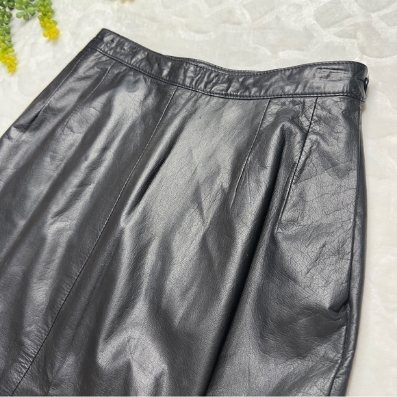 Vintage 1980s 80s Siena Black 100% Leather Midi Length Pencil Skirt Womens 8 - Picture 3 of 12